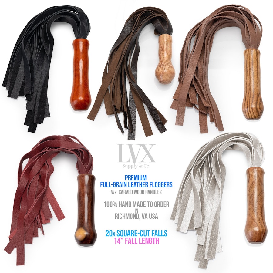 20 Sq Fall Leather Flogger | BDSM Flogger w Carved Wood Handle for BDSM Flogging and Spanking Femdom Submissive Slave Ddlg Toys | LVX Supply Image # 35945