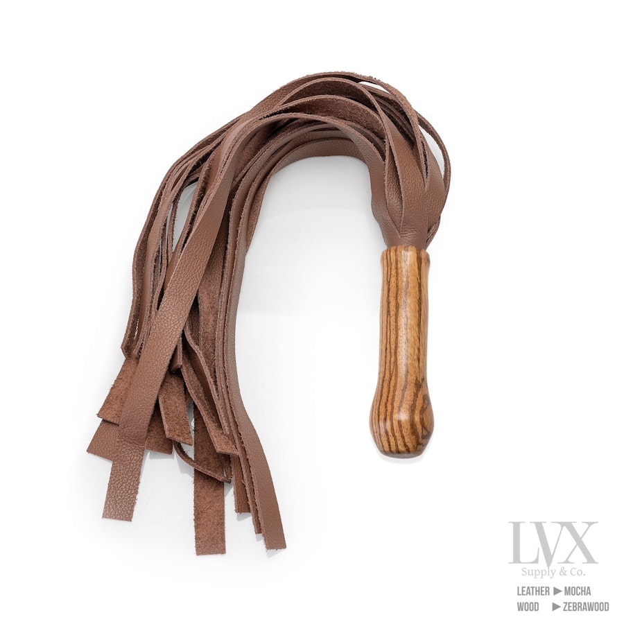 20 Sq Fall Leather Flogger | BDSM Flogger w Carved Wood Handle for BDSM Flogging and Spanking Femdom Submissive Slave Ddlg Toys | LVX Supply Image # 35950