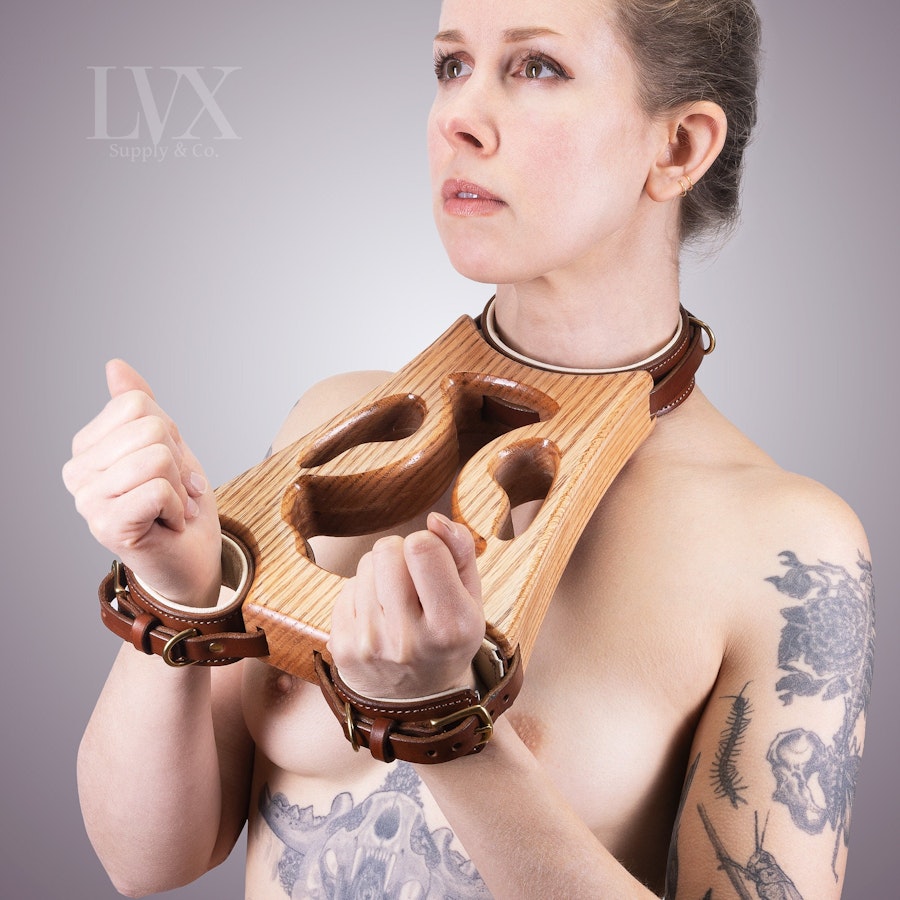 Padded Leather & Wood BDSM Fiddle | Submissive Pillory Slave Dungeon Stocks Leather Bondage Torture Device | BDSM Furniture by LVX Supply Image # 36051