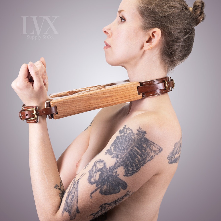 Padded Leather & Wood BDSM Fiddle | Submissive Pillory Slave Dungeon Stocks Leather Bondage Torture Device | BDSM Furniture by LVX Supply Image # 36052