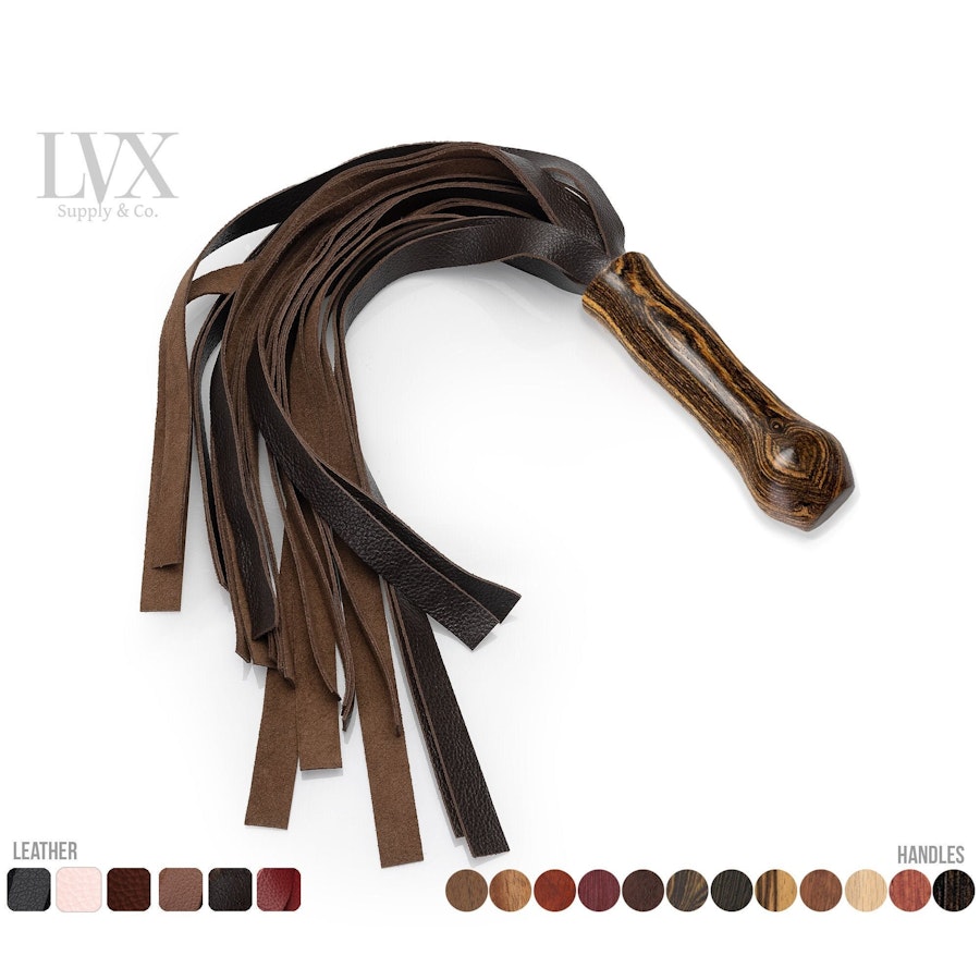 20 Sq Fall Leather Flogger | BDSM Flogger w Carved Wood Handle for BDSM Flogging and Spanking Femdom Submissive Slave Ddlg Toys | LVX Supply