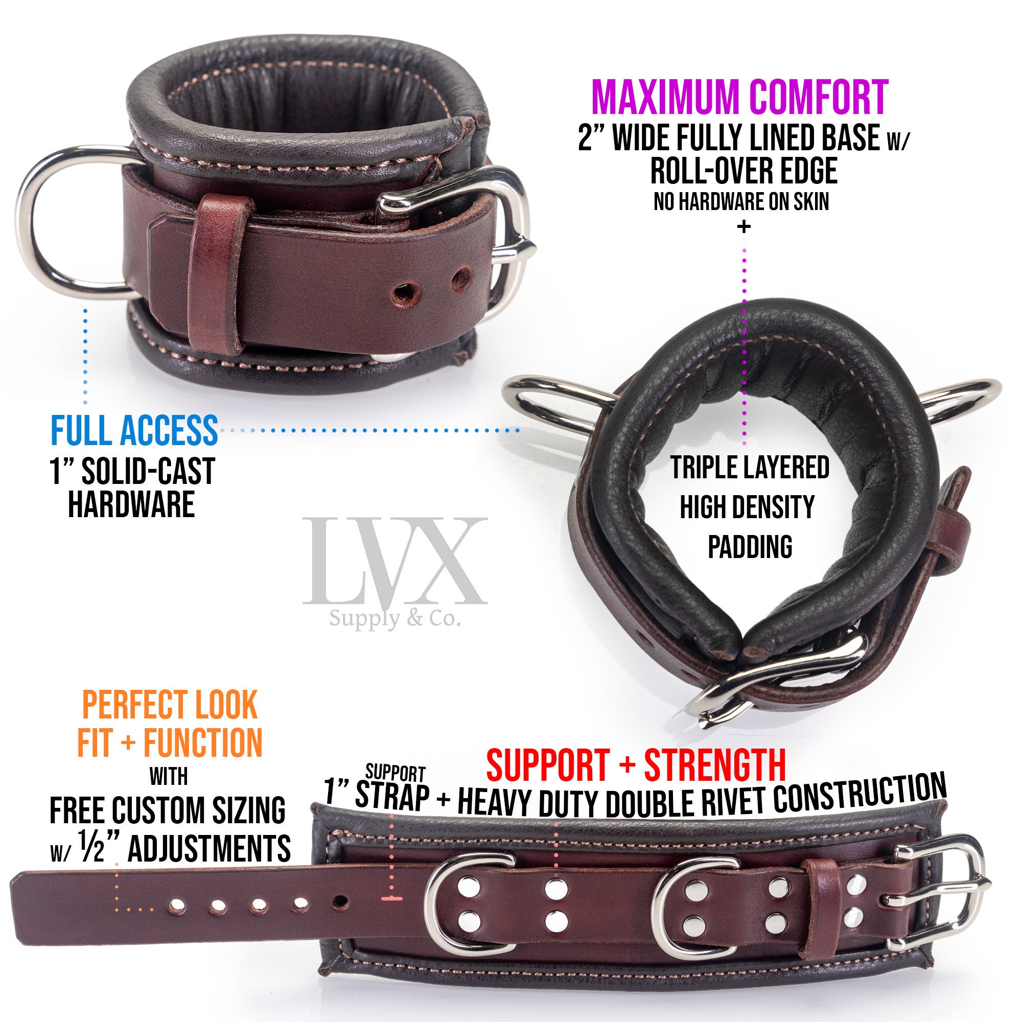 Heavy Duty BDSM Cuffs | Padded Wrist Cuffs | Leather Bondage Handcuffs Ankle Cuffs | Submissive Slave Restraints | BDsM-gear by LVX Supply photo