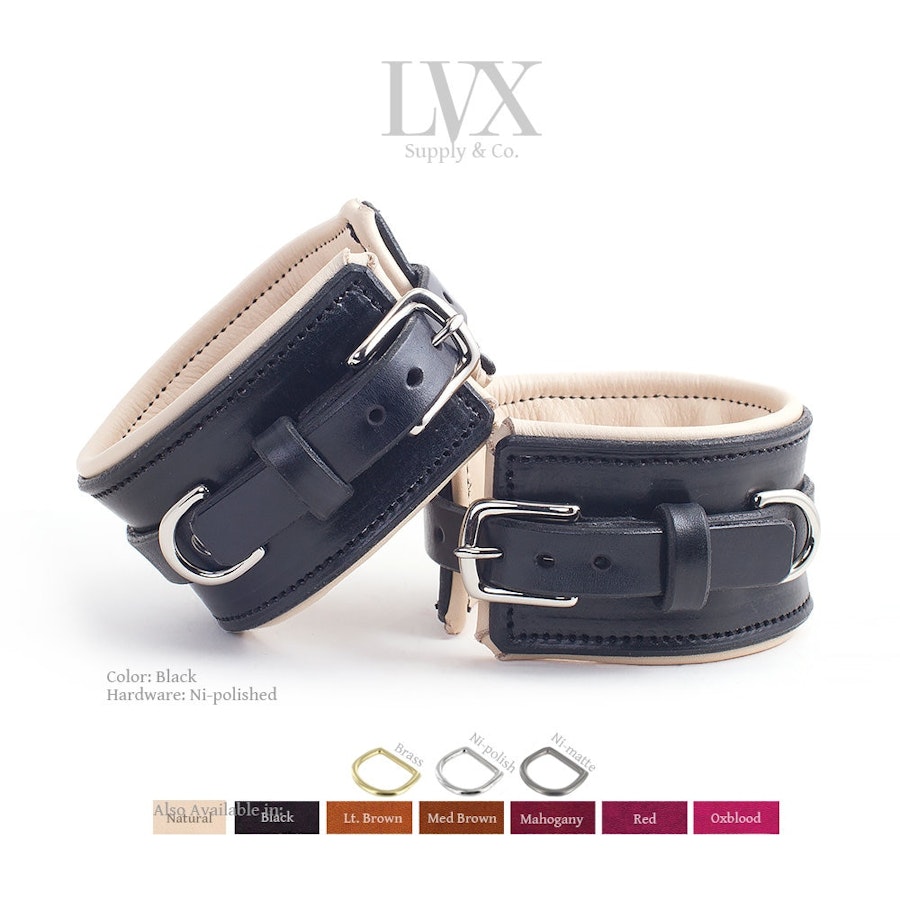 BDSM Collar & Cuffs Set | Padded Leather Bondage BDsM Cuffs + Collar for Submissive Slave Restraints | Professional Bondage Set | LVX Supply Image # 34870