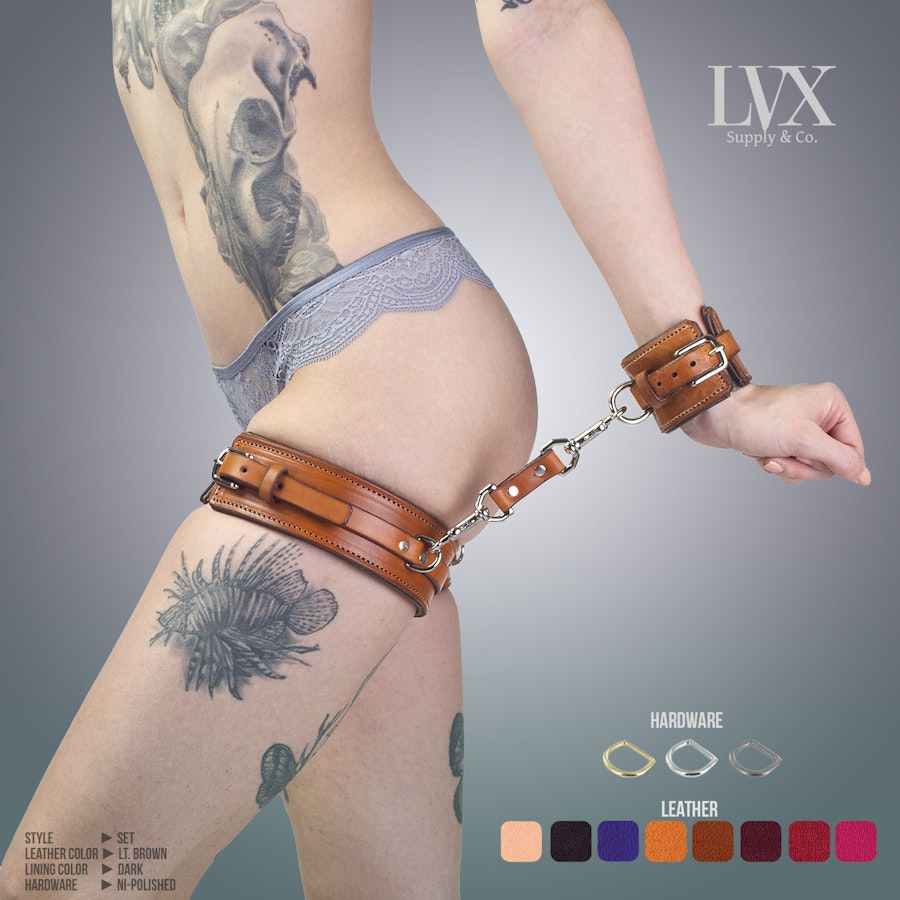 BDSM Leg Harness & Cuffs Set | Padded Leather Bondage Set | Thigh Harness Garters with Handcuffs Submissive Slave Restraints | LVX Supply Image # 34777