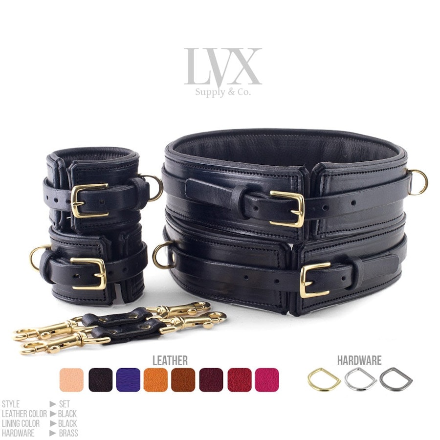 BDSM Leg Harness & Cuffs Set | Padded Leather Bondage Set | Thigh Harness Garters with Handcuffs Submissive Slave Restraints | LVX Supply Image # 34779