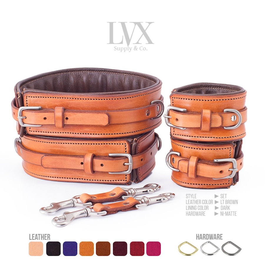 BDSM Leg Harness & Cuffs Set | Padded Leather Bondage Set | Thigh Harness Garters with Handcuffs Submissive Slave Restraints | LVX Supply Image # 34780