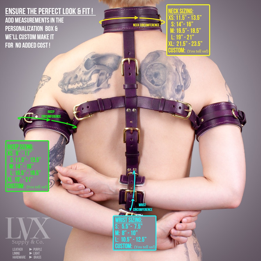 Leather Arm Harness & Collar | Padded Leather Bondage Harness | BDSM Cuffs Collar Wrist Arm Restraints Submissive DDlg Slave | LVX Supply Image # 33979