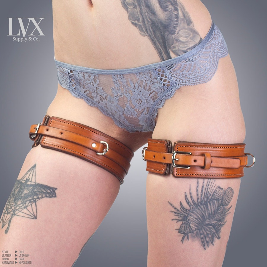 BDSM Leg Harness & Cuffs Set | Padded Leather Bondage Set | Thigh Harness Garters with Handcuffs Submissive Slave Restraints | LVX Supply Image # 34778