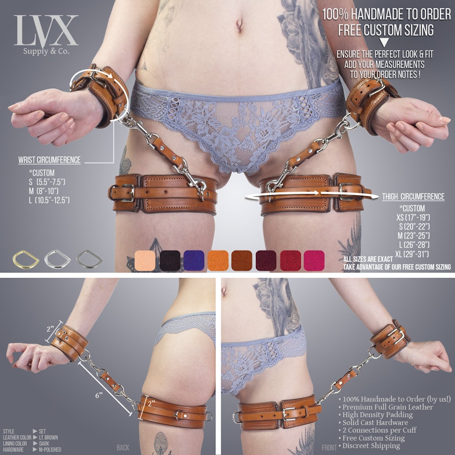 Slim Quick-Release BDSM Leg Harness & Cuffs | Padded Leather Bondage Set | Thigh Garters Handcuffs Submissive Slave Restraints | LVX Supply Image # 34685