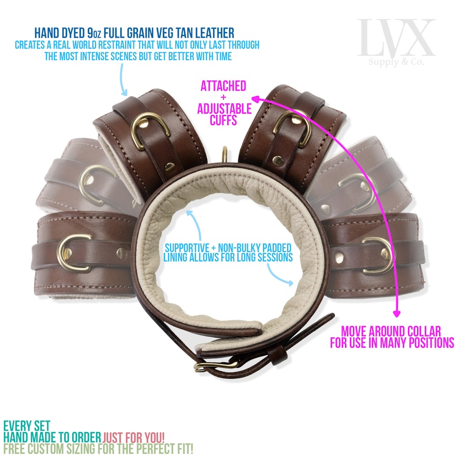 Padded Leather Stocks | Leather BDSM Collar w/ Attached Cuffs | Leather Bondage Harness Set Submissive Slave Toys bdsm-gear | LVX Supply Image # 34699