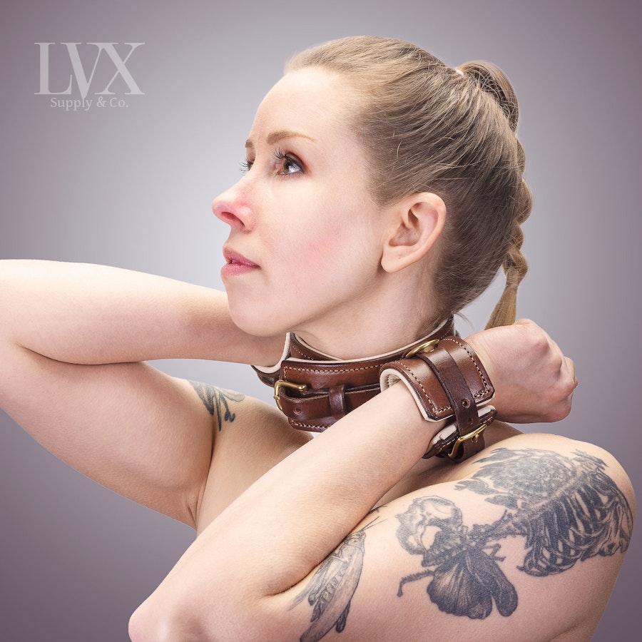 Padded Leather Stocks | Leather BDSM Collar w/ Attached Cuffs | Leather Bondage Harness Set Submissive Slave Toys bdsm-gear | LVX Supply Image # 34066