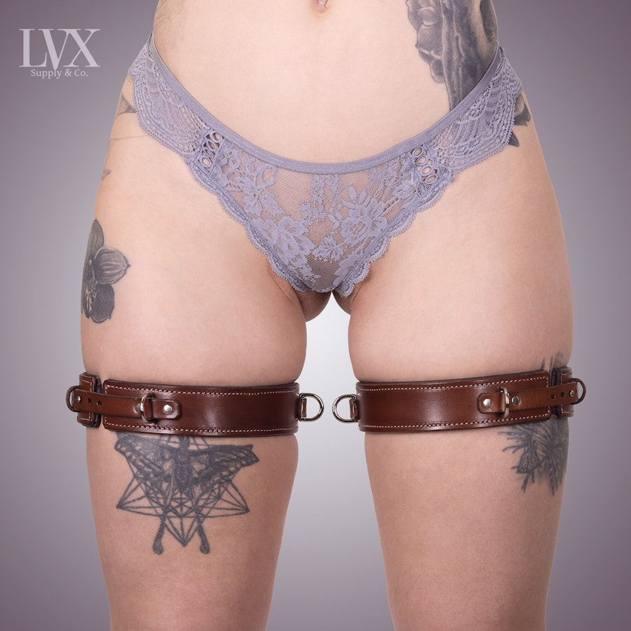 Slim Quick-Release BDSM Leg Harness & Cuffs | Padded Leather Bondage Set | Thigh Garters Handcuffs Submissive Slave Restraints | LVX Supply Image # 34052