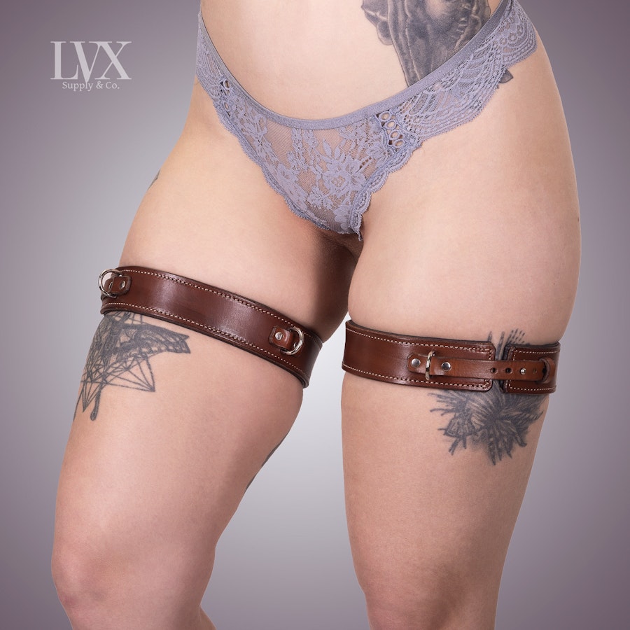 Slim Quick-Release BDSM Leg Harness & Cuffs | Padded Leather Bondage Set | Thigh Garters Handcuffs Submissive Slave Restraints | LVX Supply Image # 34684
