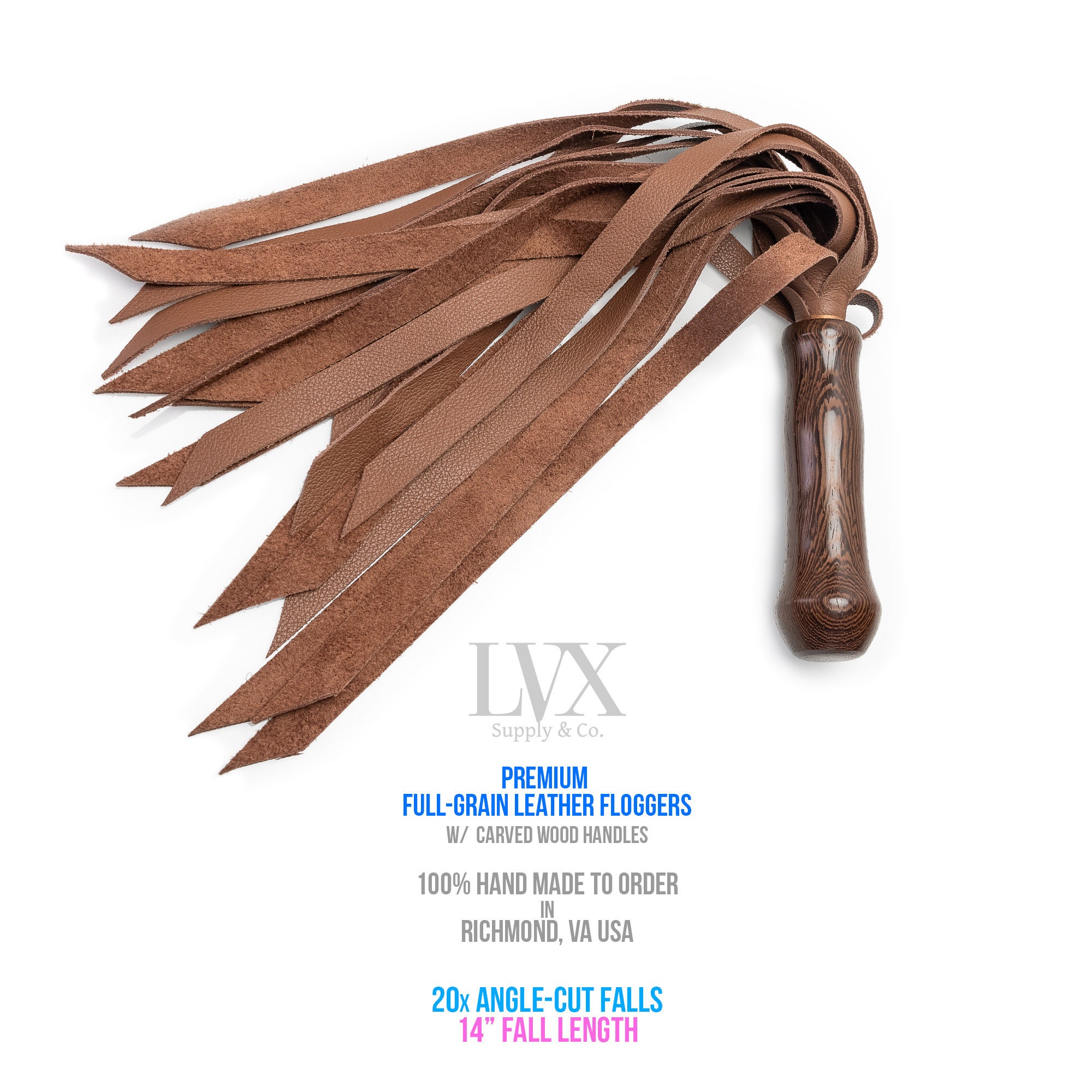 20x Angled Fall Leather Flogger | BDSM Flogger Carved Wood Handle for BDSM Flogging Spanking Femdom Submissive Slave Ddlg Toys | LVX Supply photo