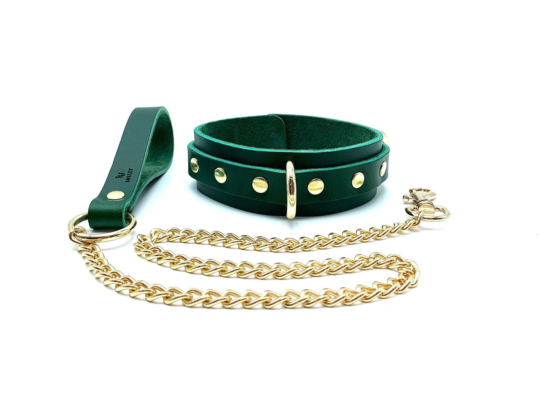 7 Piece Bondage Kit "Mona", Italian Leather Green BDSM Set, Wrist and Ankle Cuffs, Thigh Cuffs, Collar, Chain Leash, Custom Engraving photo