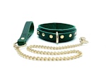 7 Piece Bondage Kit "Mona", Italian Leather Green BDSM Set, Wrist and Ankle Cuffs, Thigh Cuffs, Collar, Chain Leash, Custom Engraving Thumbnail # 57523