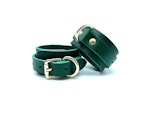 7 Piece Bondage Kit "Mona", Italian Leather Green BDSM Set, Wrist and Ankle Cuffs, Thigh Cuffs, Collar, Chain Leash, Custom Engraving Thumbnail # 57527