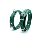 7 Piece Bondage Kit "Mona", Italian Leather Green BDSM Set, Wrist and Ankle Cuffs, Thigh Cuffs, Collar, Chain Leash, Custom Engraving Thumbnail # 57528