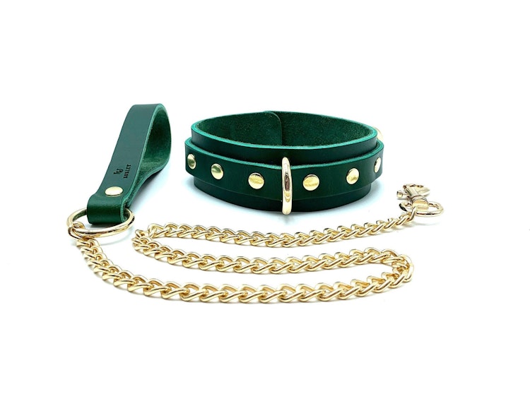 Leather Collar and Leash, "Mona", Emerald Green Italian Leather Choker, Neck Restraint for BDSM Bondage Submissive, Custom Engraving photo