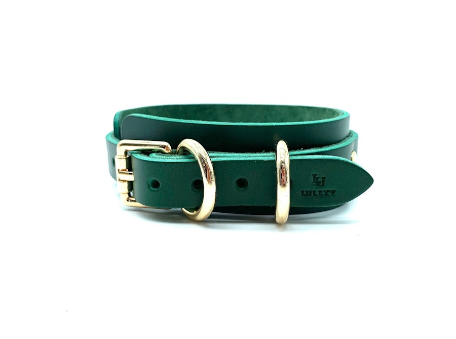 Leather Collar and Leash, "Mona", Emerald Green Italian Leather Choker, Neck Restraint for BDSM Bondage Submissive, Custom Engraving Image # 57535