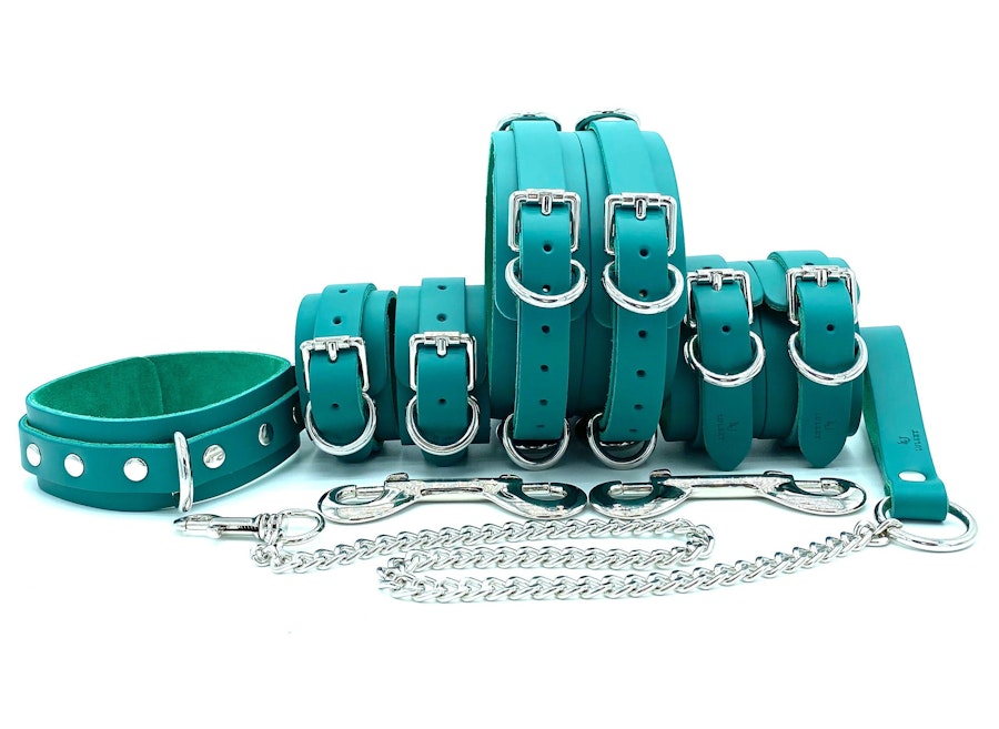 7 Piece Bondage Kit "Candice", Teal Green Leather BDSM Restraints, Wrist and Ankle Cuffs, Thigh Cuffs, Collar, Chain Leash