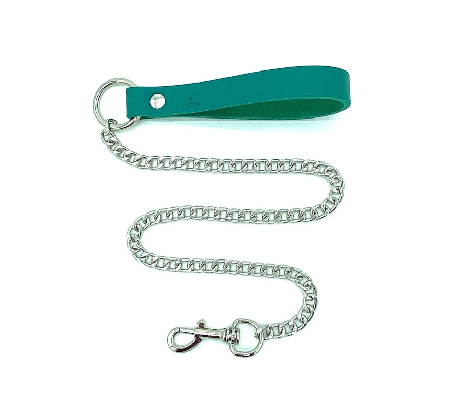 7 Piece Bondage Kit "Candice", Teal Green Leather BDSM Restraints, Wrist and Ankle Cuffs, Thigh Cuffs, Collar, Chain Leash Image # 57515