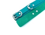 7 Piece Bondage Kit "Candice", Teal Green Leather BDSM Restraints, Wrist and Ankle Cuffs, Thigh Cuffs, Collar, Chain Leash Thumbnail # 57519