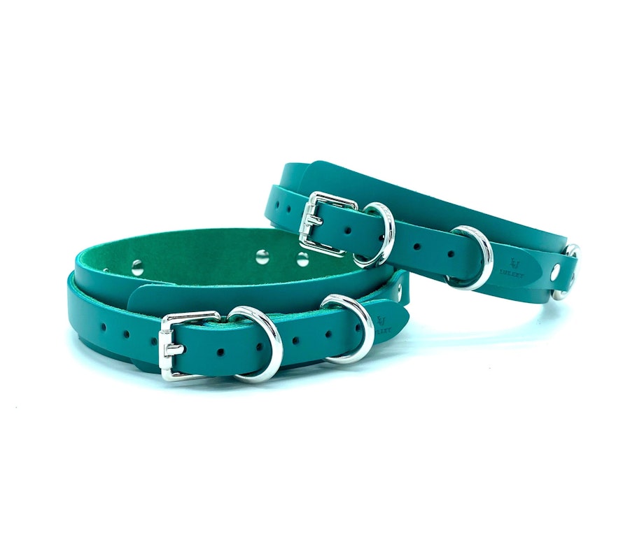 7 Piece Bondage Kit "Candice", Teal Green Leather BDSM Restraints, Wrist and Ankle Cuffs, Thigh Cuffs, Collar, Chain Leash Image # 57518