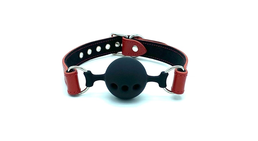 BDSM Ball-Gag "Tango" for Submissive, Red Leather Mouth Restraint, Breathable Gag 1.75"