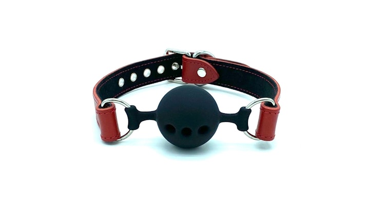 BDSM Ball-Gag "Tango" for Submissive, Red Leather Mouth Restraint, Breathable Gag 1.75" photo