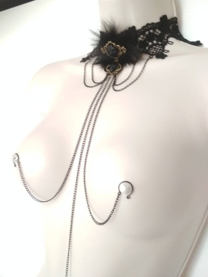 Black Choker Necklace to Nipple Chain and Clit Clip, Kinky Domina Lingerie, Sexy Stripp Nipple rings, Fetish, Bondage, BDSM Mature sex toys Image # 67238