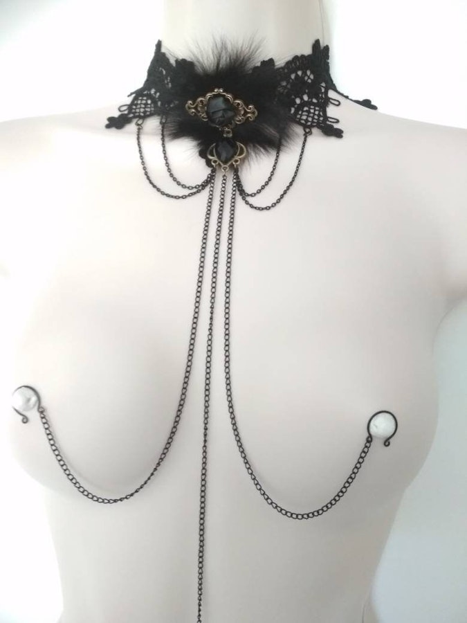 Black Choker Necklace to Nipple Chain and Clit Clip, Kinky Domina Lingerie, Sexy Stripp Nipple rings, Fetish, Bondage, BDSM Mature sex toys Image # 67242
