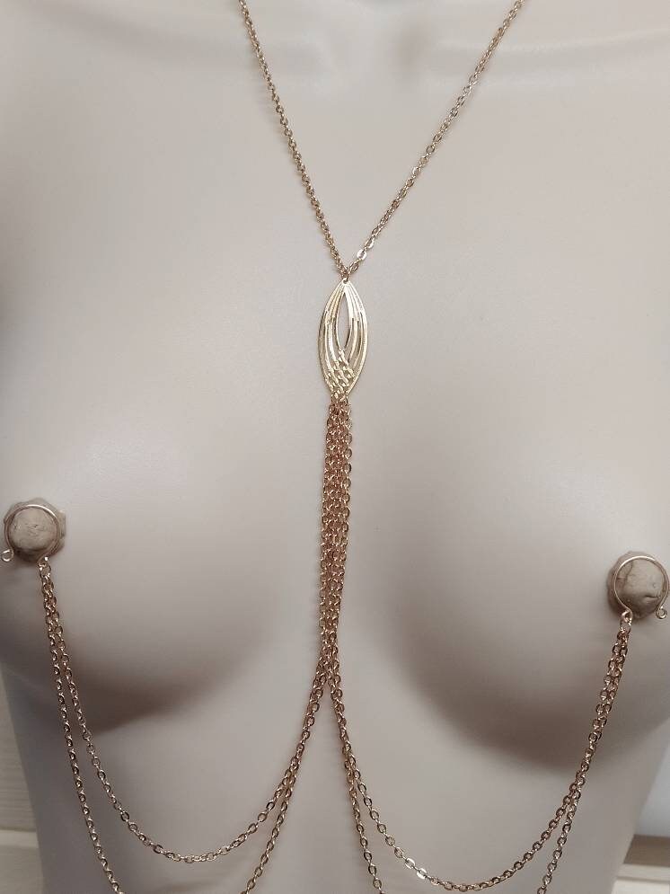 Sexy Necklace to Nipple Rings, Rose Gold Deluxe Jewelry Non Piercing Nipple clamps with double Chain, Nipple Jewelry, BDSM sex toys photo