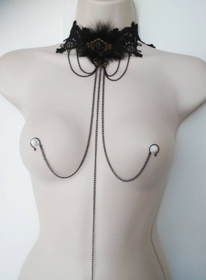 Black Choker Necklace to Nipple Chain and Clit Clip, Kinky Domina Lingerie, Sexy Stripp Nipple rings, Fetish, Bondage, BDSM Mature sex toys