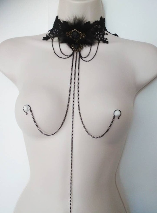 Black Choker Necklace to Nipple Chain and Clit Clip, Kinky Domina Lingerie, Sexy Stripp Nipple rings, Fetish, Bondage, BDSM Mature sex toys photo