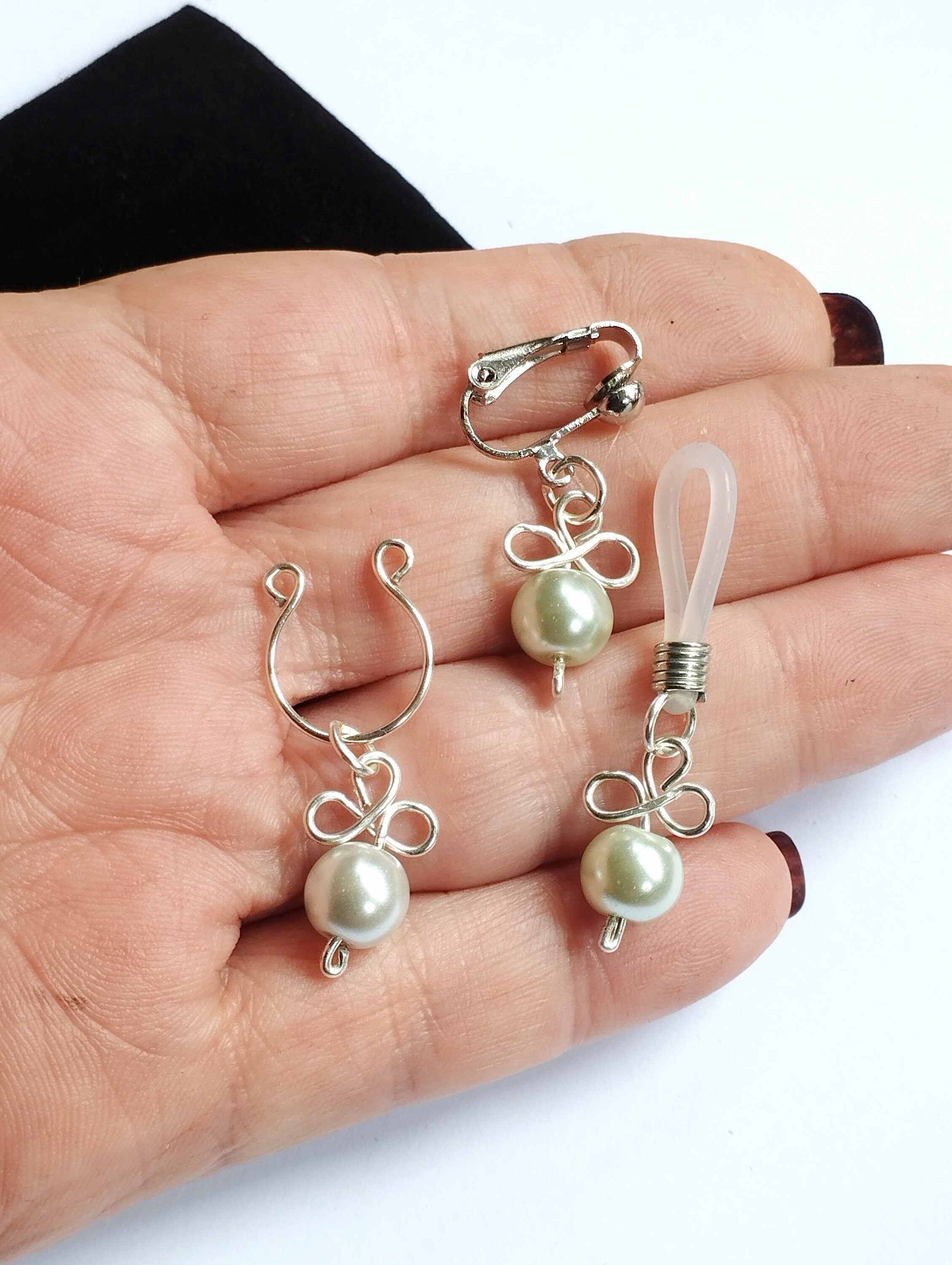 Clitoral Clip and Nipple Rings with crystal Pearl Set Non Piercing Nipples Nooses. Intimate Jewelry Set, Mature BDSM Sex Toys photo