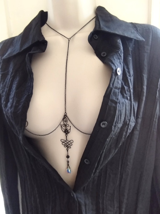Tattoo Style Necklace to Nipples with Crystal Teardrop, Non Piercing Nipple Chain, Discreet Sexy Body Jewelry, Mature sex toy for women photo
