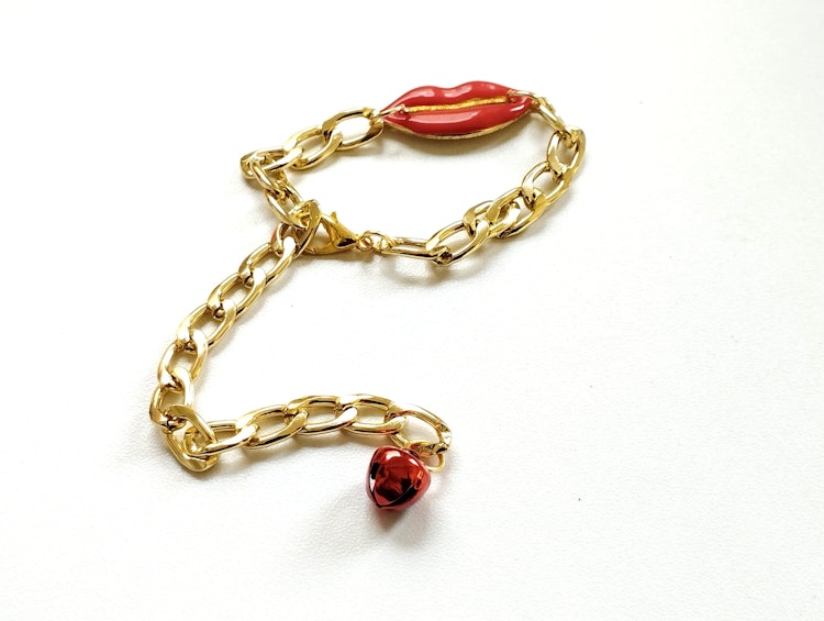 Penis jewelry Chain Gold Stainless Steel Non Piercing Penis Chain red lips and bell, Bold Sexy Cock Lasso MATURE Penis Noose gift for men photo
