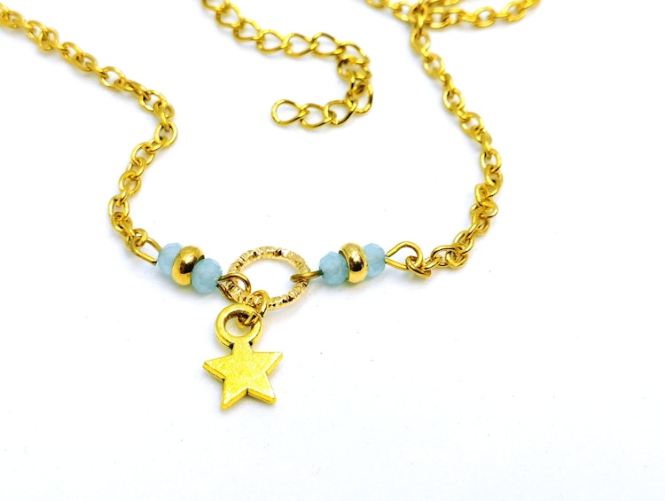 Gold Stainless Steel Anklet Bracelet Star with Blue Crystal, Minimalist Dainty Foot Jewelry, Discreet Anklet, Delicate Jewelry with crystals photo