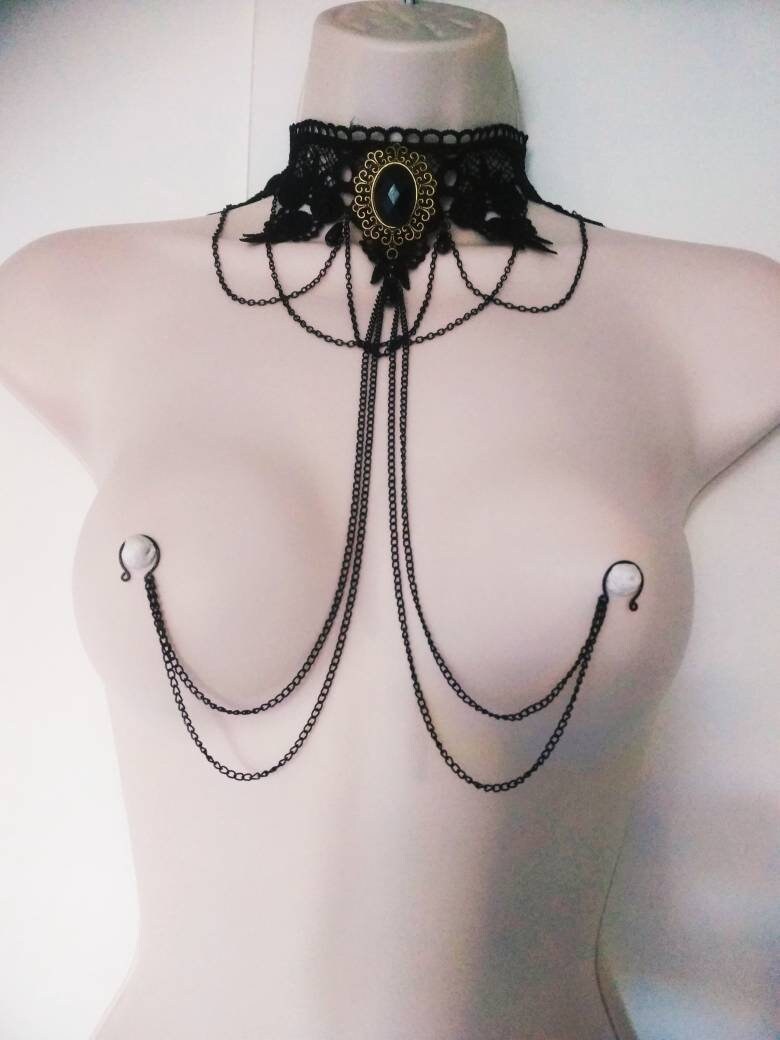 Black Necklace with Layered Nipple Chain, Sexy Domina Lingerie, Nipple rings, Fetish gear, Bondage, BDSM Mature sex toys, fun play photo
