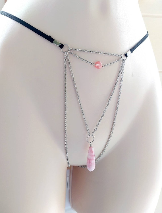 Crotchless Lingerie G-string chain with drop Exciter Pink Chalcedony Stone, Sexy Exotic Slave Intimate underwear, Mature BDSM sex toys photo