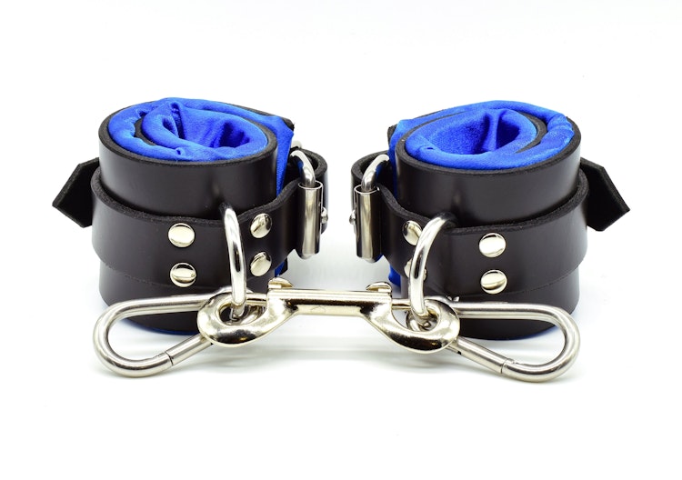 Blue Satin Lined Leather Wrist Bondage Cuffs photo