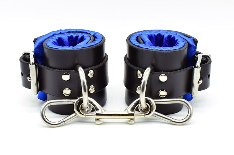 Blue Satin Lined Leather Ankle Bondage Cuffs photo