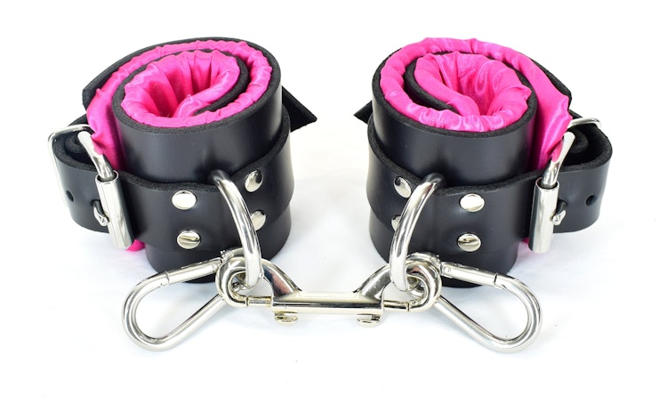 Pink Satin Lined Leather Ankle Bondage Cuffs photo