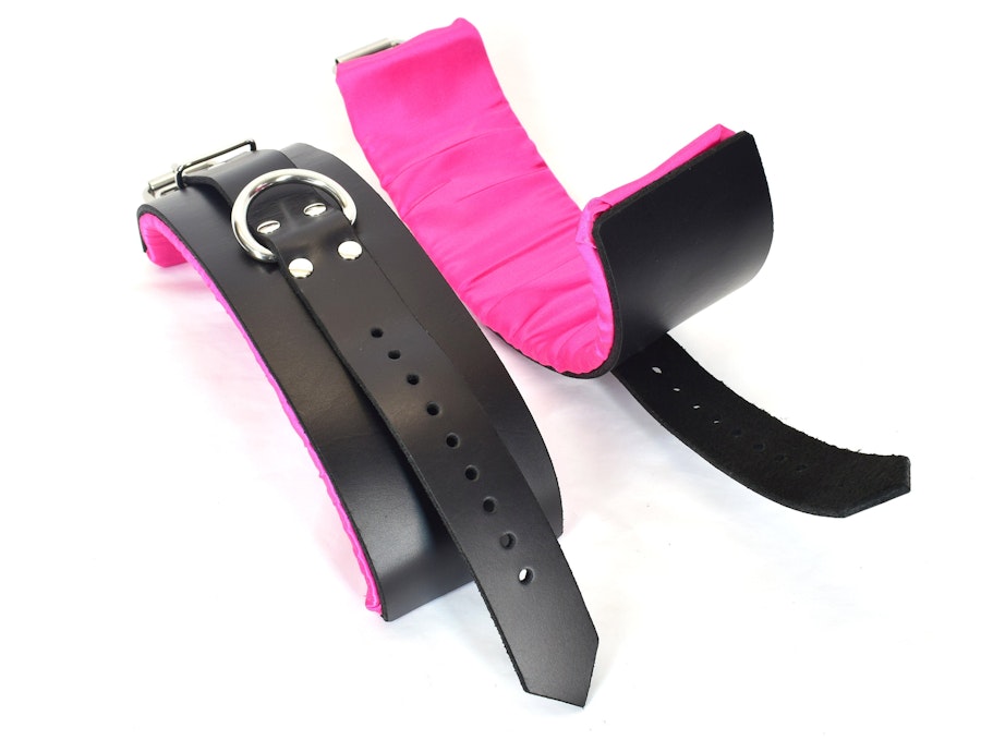 Pink Satin Lined Leather Ankle Bondage Cuffs Image # 122363