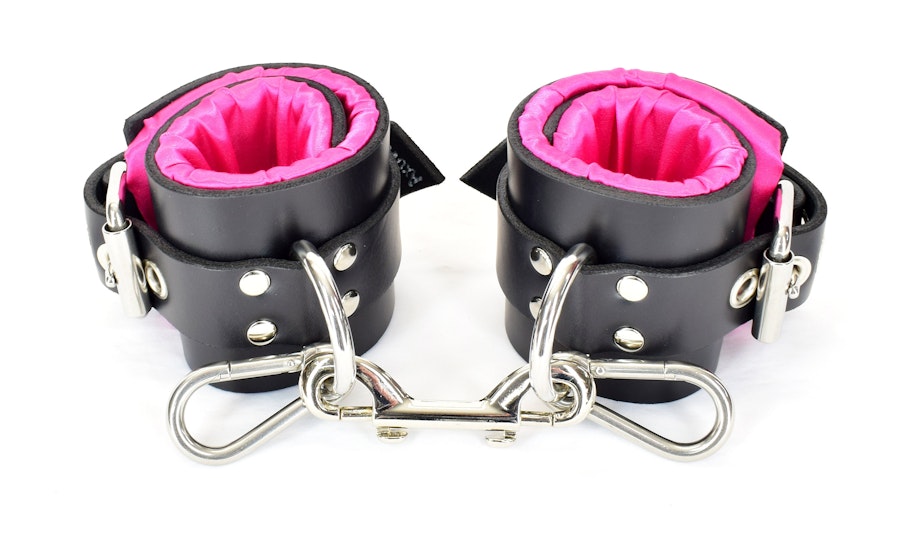 Locking Pink Satin Lined Leather Ankle Bondage Cuffs Image # 122447