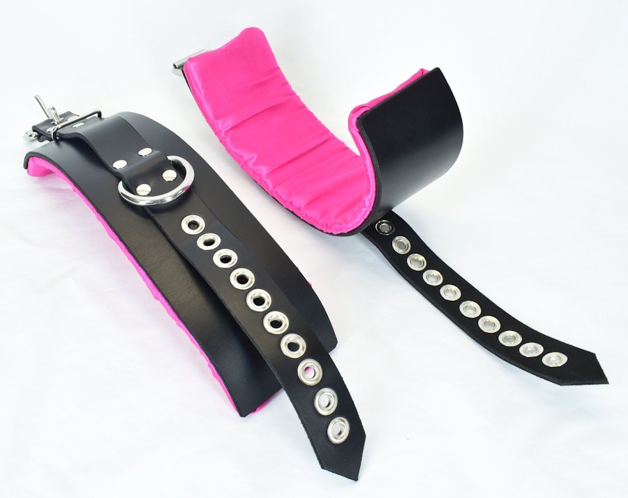 Locking Pink Satin Lined Leather Ankle Bondage Cuffs Image # 122448