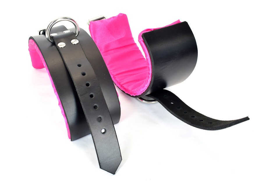 Pink Satin Lined Leather Wrist Bondage Cuffs Image # 122367