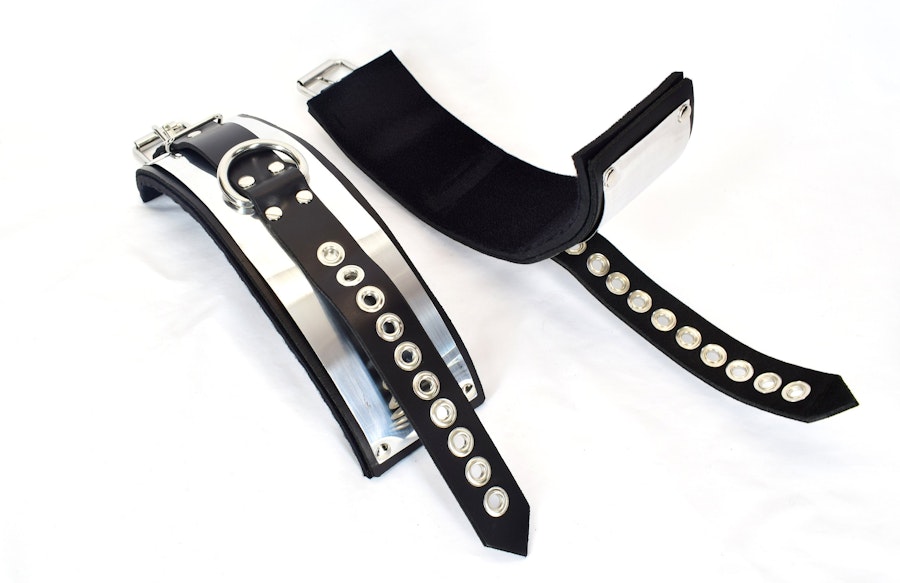 Locking Metal Band Lined Leather Ankle Bondage Cuffs Image # 122349