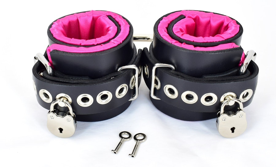 Locking Pink Satin Lined Leather Ankle Bondage Cuffs